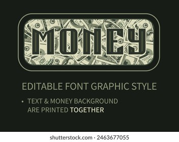Editable text effect with dollar background. Letters on money seamless pattern. Letter and backdrop are printed together. Retro typography graphic style