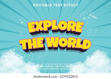 Editable text effect Explore The World 3d cartoon template style premium vector