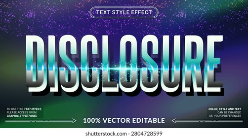 Editable “Disclosure” text effect featuring futuristic typography, luminous gradients, and mysterious sci-fi styling inspired by UFO revelations and extraterrestrial theories.