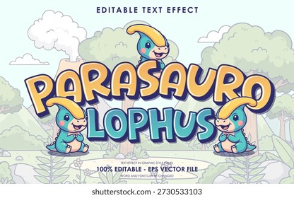 Bearbeitbarer Texteffekt mit dem Parasaurolophus Dinosaurier im verspielten Cartoon-Stil.