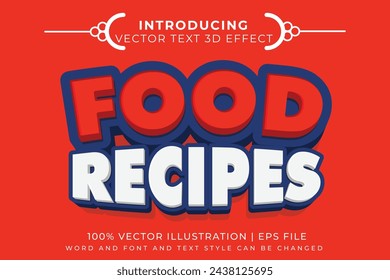 Efecto de texto editable Food Recipes 3D dibujos animados estilo premium plantilla vector.