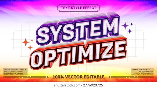 Editable “System Optimize” text effect with futuristic tech style, bold layered typography, gradient glow, and clean grid background. Perfect for digital, startup, and UI themes.