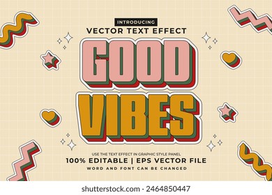 Efecto de texto editable Good Vibes 3d Cartoon Lindo estilo de Plantilla premium Vector