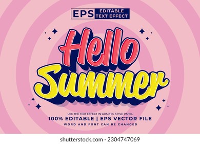 Editable text effect hello summer 3d Cartoon template style premium vector