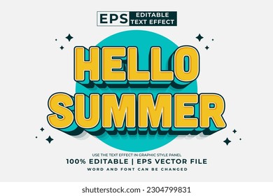 Efecto de texto editable Hola verano 3d Estilo de plantilla de dibujos animados vector premium