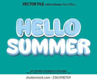 Editable text effect hello summer 3D Cartoon template style premium vector