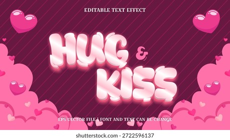 Efecto de texto editable para abrazos y besos con Elementos de corazón y fondo de nube rosa