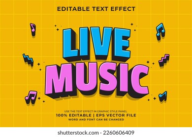 Efecto de texto editable - Música en vivo 3d Estilo de plantilla de dibujos animados tradicionales vector premium