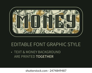 Editable text effect with money background. Letters on seamless pattern with 100 dollar bills, scattered golden one dollar coin. Letter and backdrop are printed together Retro typography graphic style