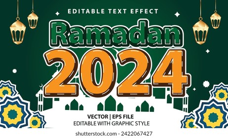 Editable text effect Ramadan 2024 welcome with mosque and Arabic Decoration with 3d font concept