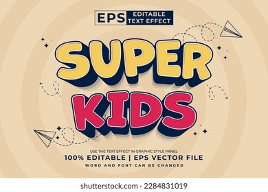 Editable text effect Super Kids 3d Cartoon cute style premium vector