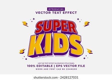 Editable text effect Super Kids 3d Cartoon template style premium vector