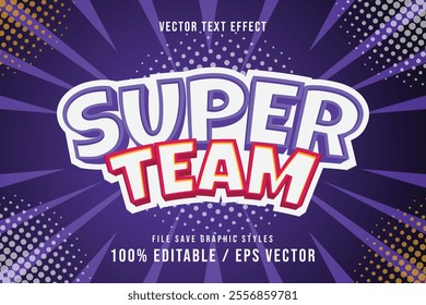 Editable text effect super team go premium vector background purple