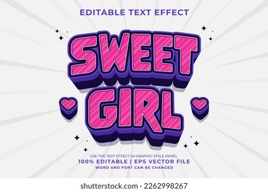 Editable text effect Sweet Girl 3d Cartoon template style premium vector
