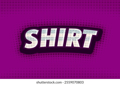 Editable text effect for thrift and apparel clothing store with vintage comic cartoon theme with calm blue and yellow colors and purple halftone background. Ideal for clothing stores, apparel, casual