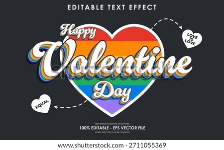 Editable text effect for Valentine's Day with LGBTQ+ rainbow heart. Customizable vector file for creating unique designs and messages of love and equality.