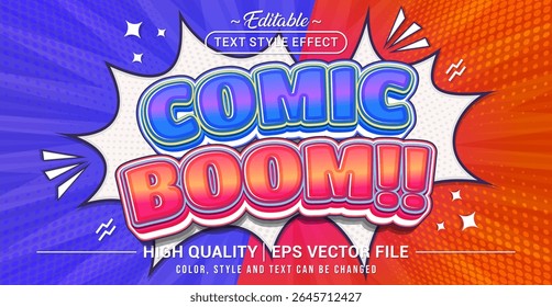 Vetor de efeito de texto editável com tema Comic Boom! em estilo 3D de desenho animado em negrito - perfeito para desenhos de quadrinhos, convites de festas infantis, gráficos de super-heróis e pôsteres de arte pop