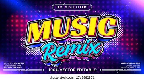 Editable text effect vector “Music Remix” features bold 3D lettering with dynamic neon vibes, inspired by DJ culture, sound waves, and energetic club music visuals.