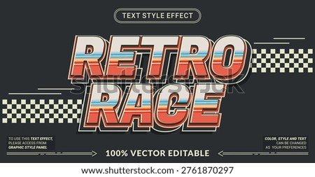 Editable text effect vector “Retro Race” features bold 3D racing-style lettering with retro colors and vintage speed vibes, perfect for motorsport themes, posters, and dynamic designs.