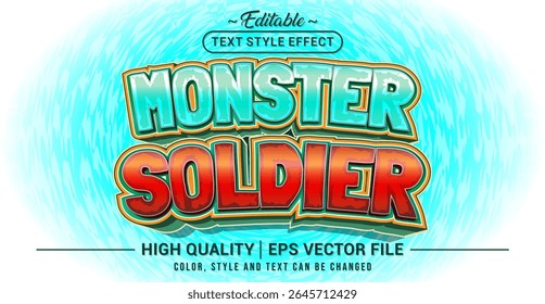 Editable text effect vector with Monster Soldier theme in spooky yet playful style – perfect for Halloween designs, monster games, kids horror comics, and fun spooky posters