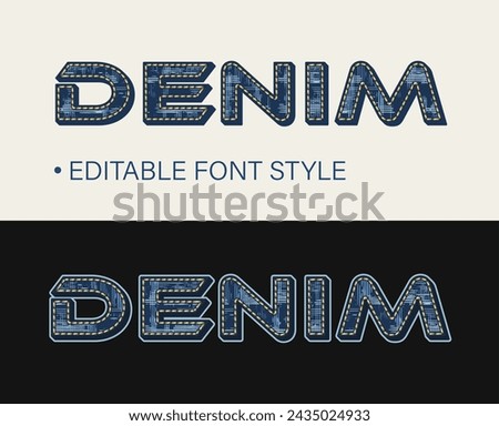 Editable text effect in vintage style. Volumetric 3d letters with fabric texture and yellow thread stitches. Retro typography graphic style. Denim design. For poster, header, title