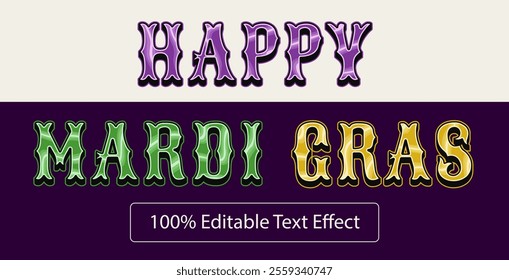 Editable text effect. Volumetric glossy letters with outline. Mardi Gras decoration. Vintage typography graphic style.