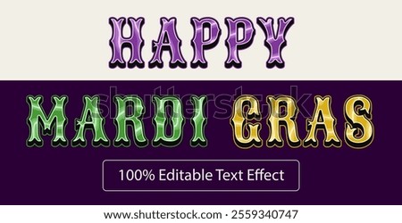 Editable text effect. Volumetric glossy letters with outline. Mardi Gras decoration. Vintage typography graphic style.