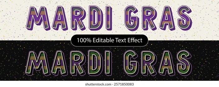 Editable text effect. Volumetric striped letters with outline. Mardi Gras decoration. Vintage typography graphic style.