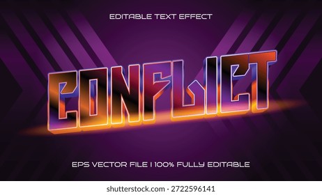 Efecto de texto editable con la palabra 'Conflict' en una fuente brillante, reflectante y metálica con Gradientes naranjas y púrpuras vibrantes