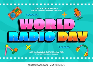 Editable Text Effect World Radio Day Vintage Cartoon Style
