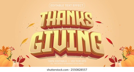 editable thanks giving vector 3d text effect with modern style design