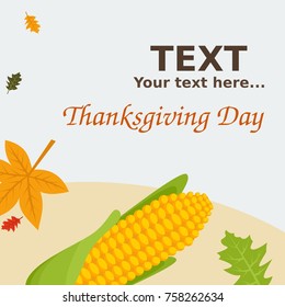 Editable Thanksgiving Text Background with Corn and Autumn Leaves Vector Illustration
