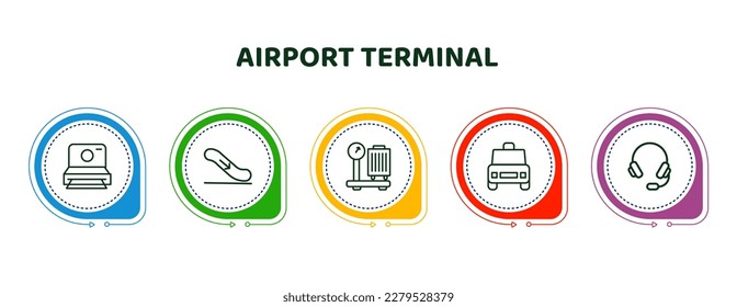 editable thin line icons with infographic template. infographic for airport terminal concept. included vintage camera, airport down stairs, baggage scale, airport taxi, headphones icons.
