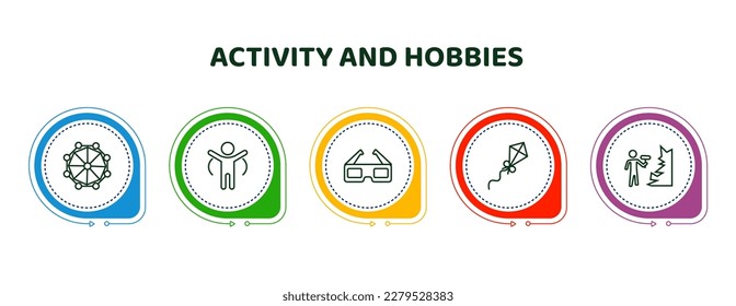 editable thin line icons with infographic template. infographic for activity and hobbies concept. included modeling, warming up, 3d glasses, flying a kite, mineral collecting icons.