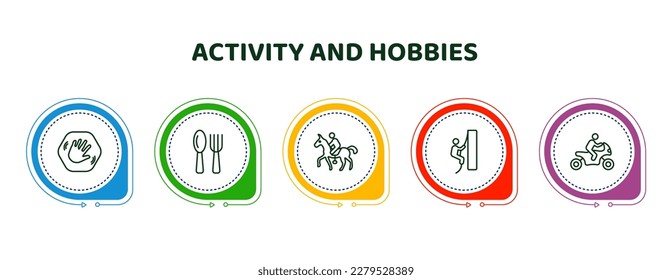 editable thin line icons with infographic template. infographic for activity and hobbies concept. included greeting, eating, horse riding, rappelling, motorcycle riding icons.