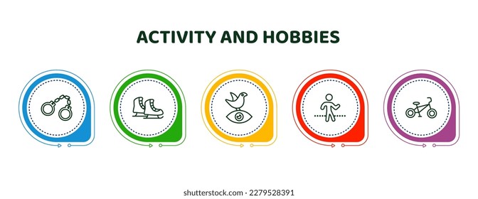 iconos editables de línea delgada con plantilla infográfica. infografía para el concepto de actividad y aficiones. incluye arresto, patinaje sobre hielo, observación de aves, caminatas, íconos de bmx.