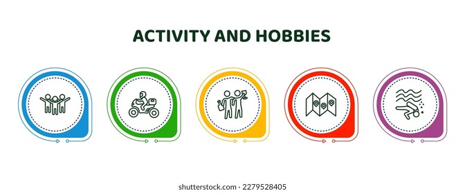editable thin line icons with infographic template. infographic for activity and hobbies concept. included aerobic, motorcycle, hang out, travelling, diving icons.