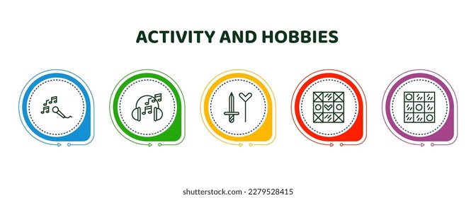editable thin line icons with infographic template. infographic for activity and hobbies concept. included sing, listening music, cosplaying, quilt, checkers icons.