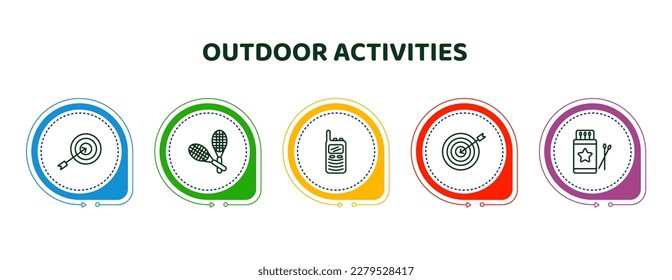 editable thin line icons with infographic template. infographic for outdoor activities concept. included dart, racket, walkie talkies, dartboard, matchbox icons.