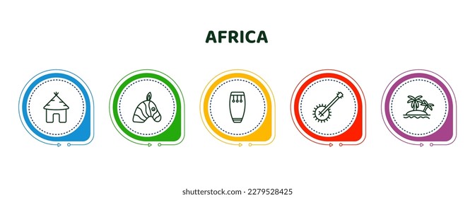 editable thin line icons with infographic template. infographic for africa concept. included hut, zebra, conga, banjo, oasis icons.