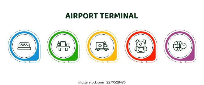 editable thin line icons with infographic template. infographic for airport terminal concept. included taxi, airport x ray hine, emergency truck, book bag with pockets, time zones icons.