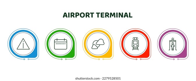 editable thin line icons with infographic template. infographic for airport terminal concept. included danger sing, week calendar, cloudy day, car trolley, security control icons.