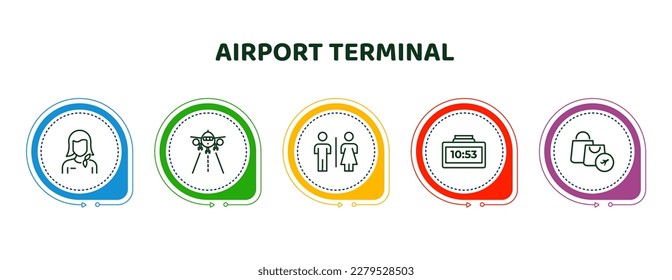 editable thin line icons with infographic template. infographic for airport terminal concept. included stewardress head, landing runway, airport toilets, terminal watch, duty free basket icons.