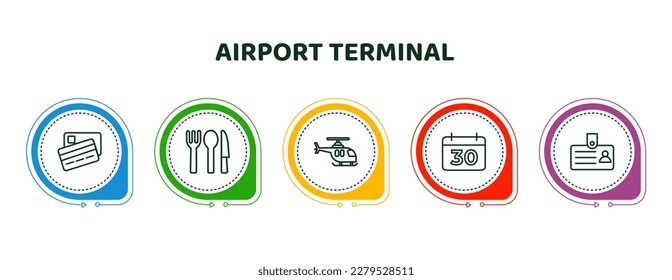 iconos editables de línea delgada con plantilla infográfica. infografía para el concepto de terminal del aeropuerto. incluyeron dos tarjetas de crédito, la "cluteria" para el almuerzo, el vuelo en helicóptero, el día civil 30, la identificación