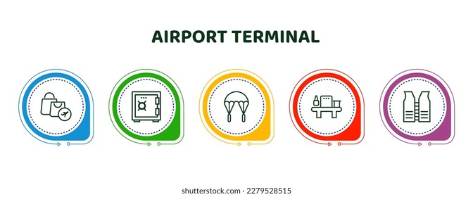 editable thin line icons with infographic template. infographic for airport terminal concept. included duty free bag, big safe box, parachute open, luggage security, lifesaver best icons.