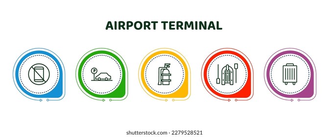 editable thin line icons with infographic template. infographic for airport terminal concept. included forbbiden phone, parking square, extinguisher, lifeboat, trip luggage icons.