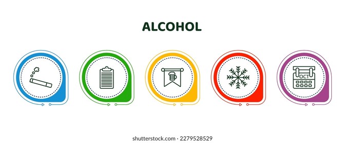 editable thin line icons with infographic template. infographic for alcohol concept. included cigarrete, order, oktoberfest, cooling, october icons.