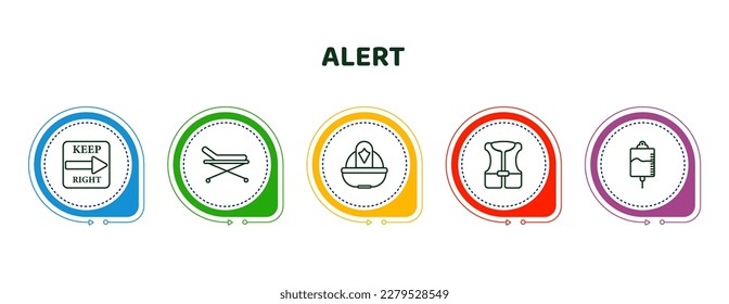 editable thin line icons with infographic template. infographic for alert concept. included keep right, stretcher, firefighter helmet, life vest, intravenous icons.