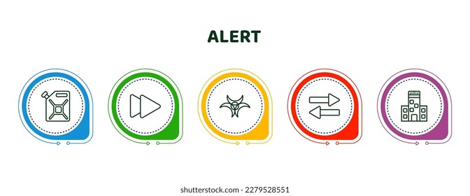 iconos editables de línea delgada con plantilla infográfica. infografía para el concepto de alerta. incluía a jerrycan, adelante, riesgo biológico, en dos direcciones, íconos de la estación de policía.