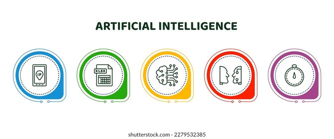 bearbeitbare Dünnzeilensymbole mit Infografik-Vorlage. Infografik für das Konzept der künstlichen Intelligenz. ip, xlsx, cookies, turing test, speed icons.